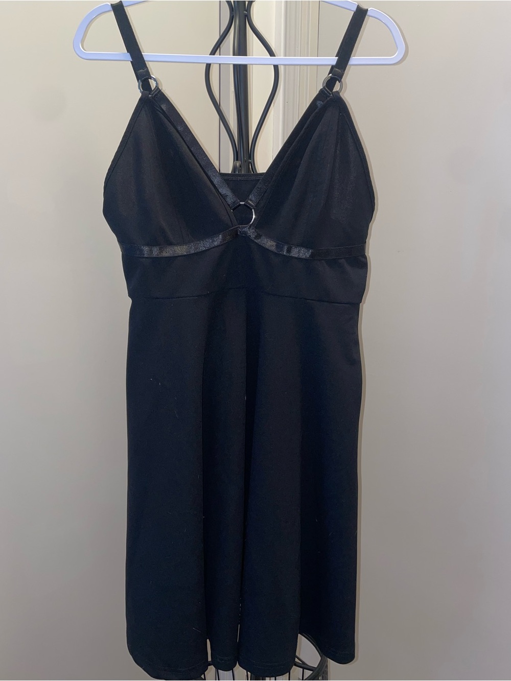 SHEIN Black Satin-Trim Slip Dress with Ring Detail